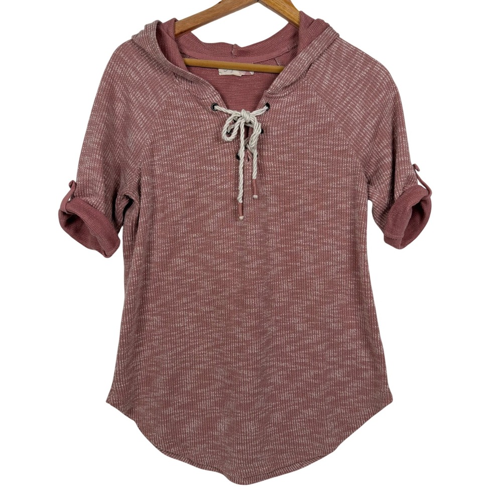 Signet Hoodie Top Womens Medium Pink Marled Lace Up Roll Tab Sleeve Curved Hem‎